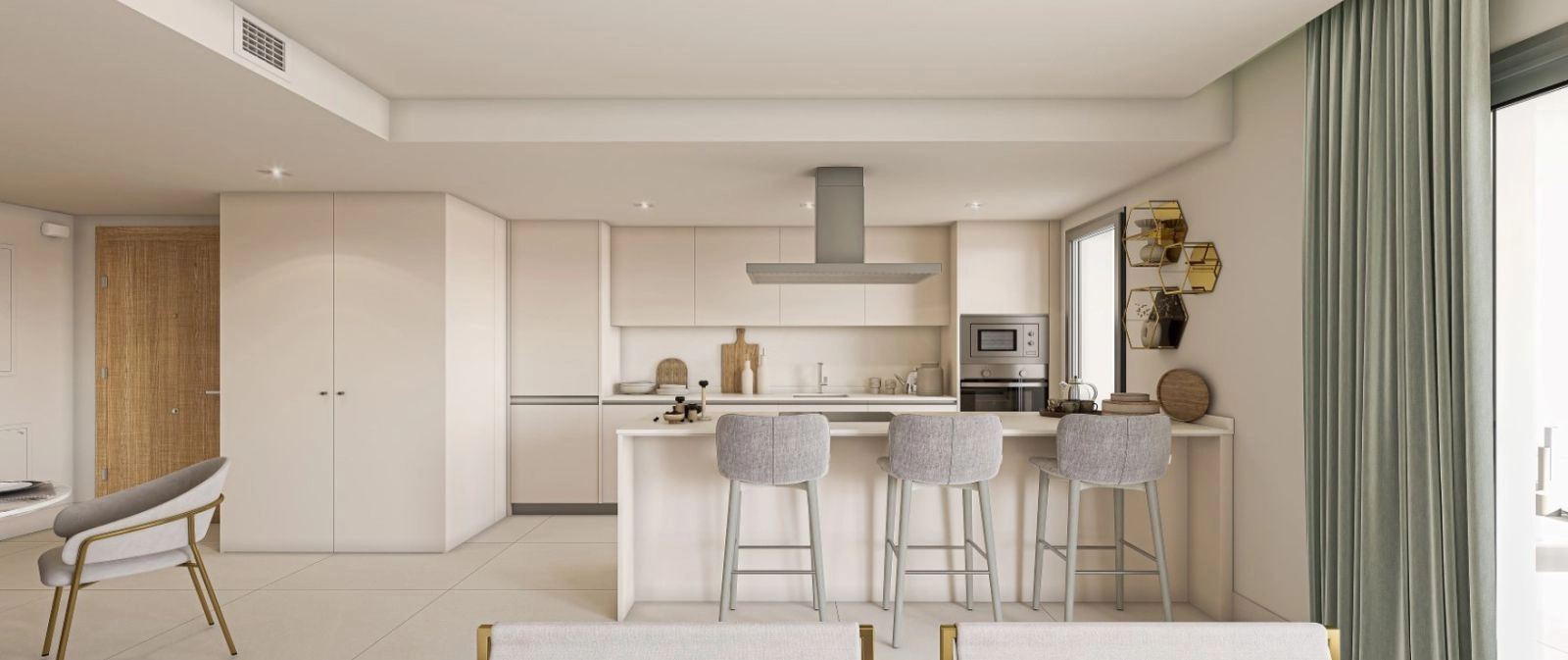 The open-plan kitchen flows into the living area, creating a sociable space for modern living.