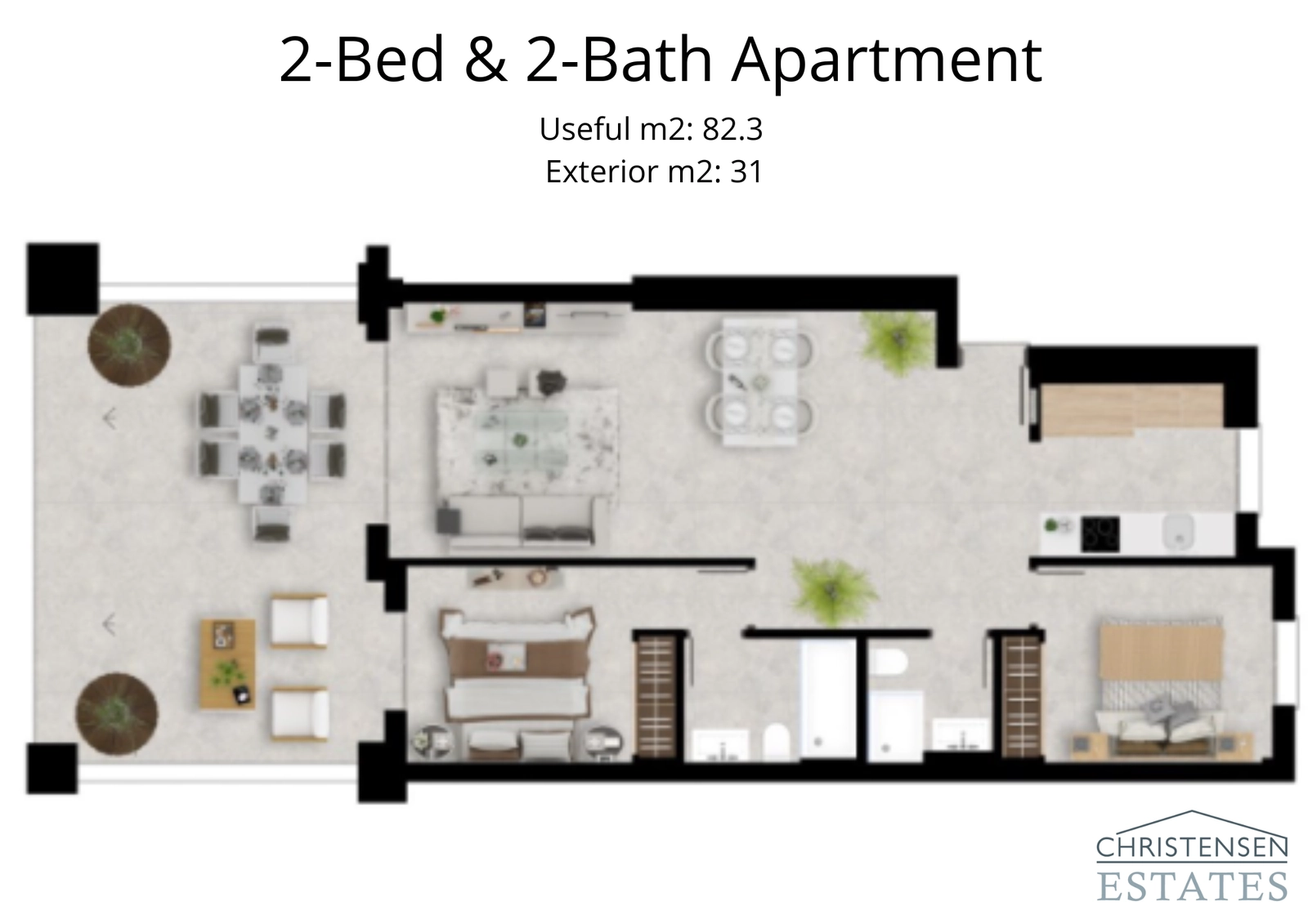 This two-bedroom layout offers a spacious living area that flows onto a generous terrace, perfect for enjoying the views.