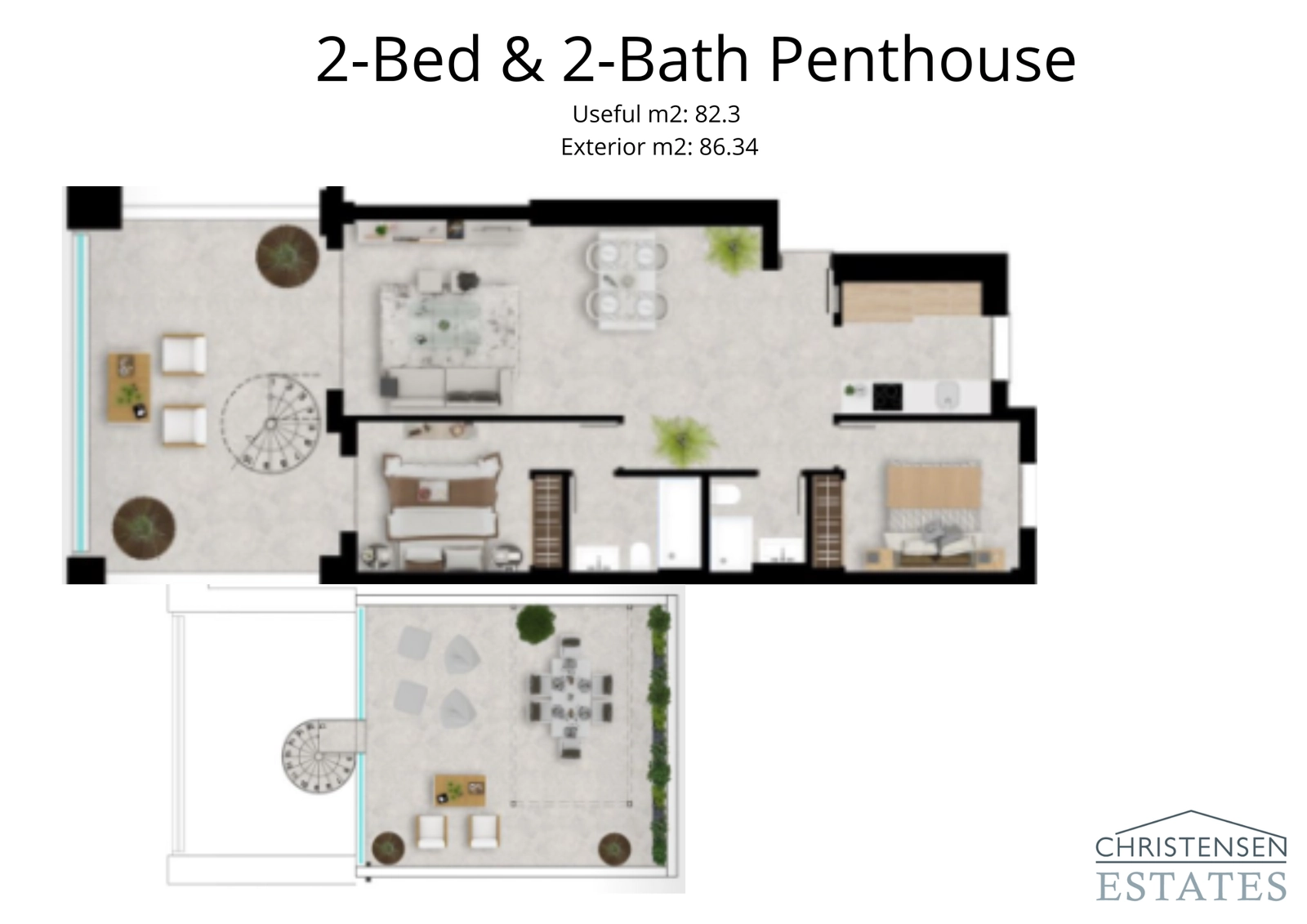 An elegant two-bedroom penthouse design featuring a magnificent rooftop solarium for private outdoor living and entertaining.