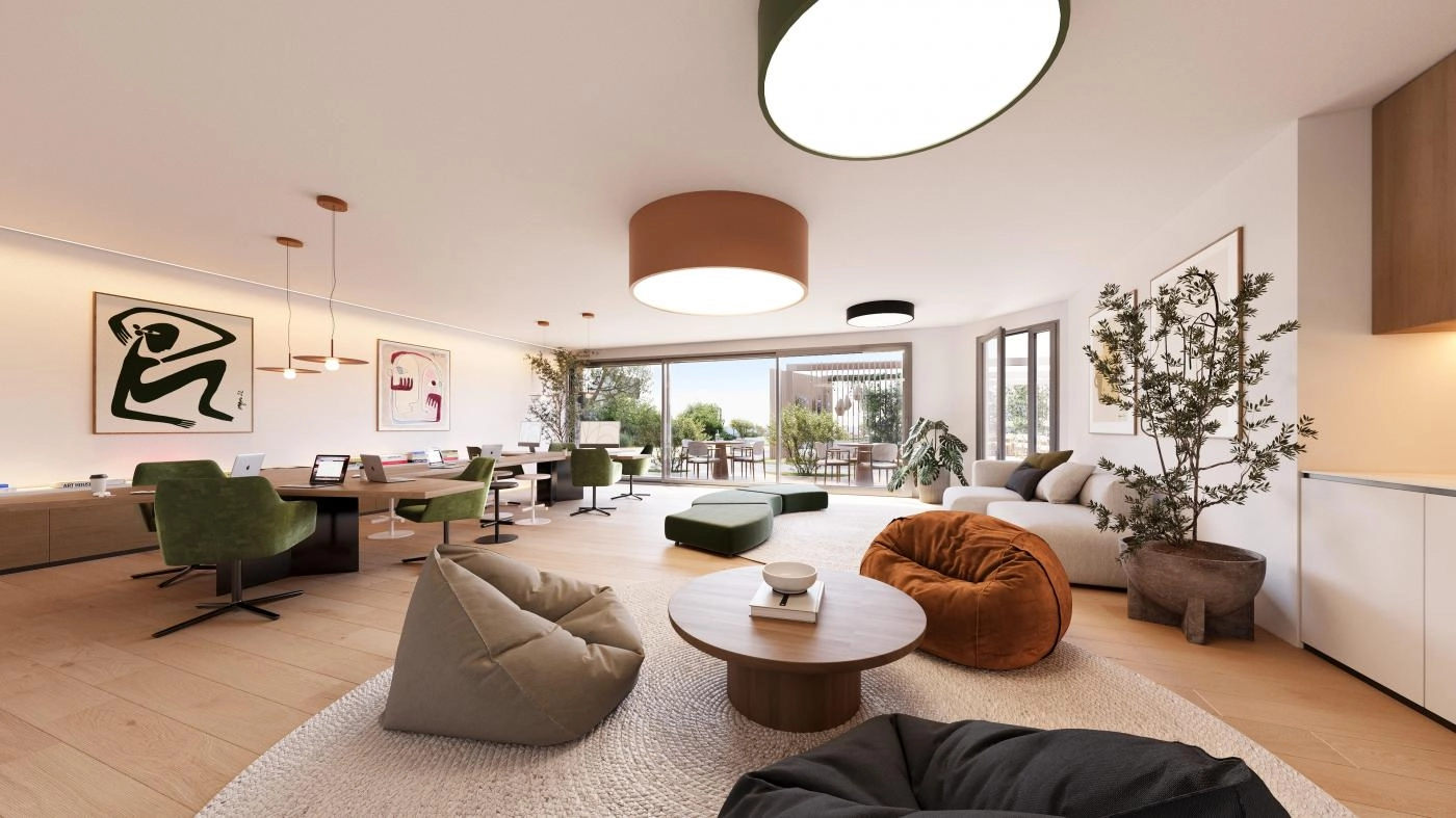 A versatile and stylish co-working and social lounge where residents can work, meet, or relax in comfort.