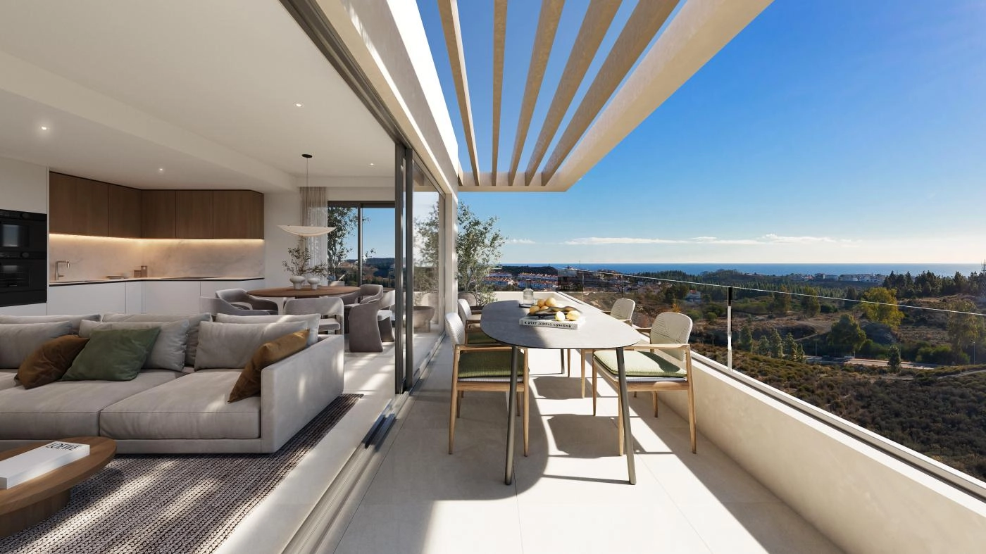 Spacious terraces designed for seamless indoor-outdoor living, offering stunning views over the rolling hills and the Costa del Sol.