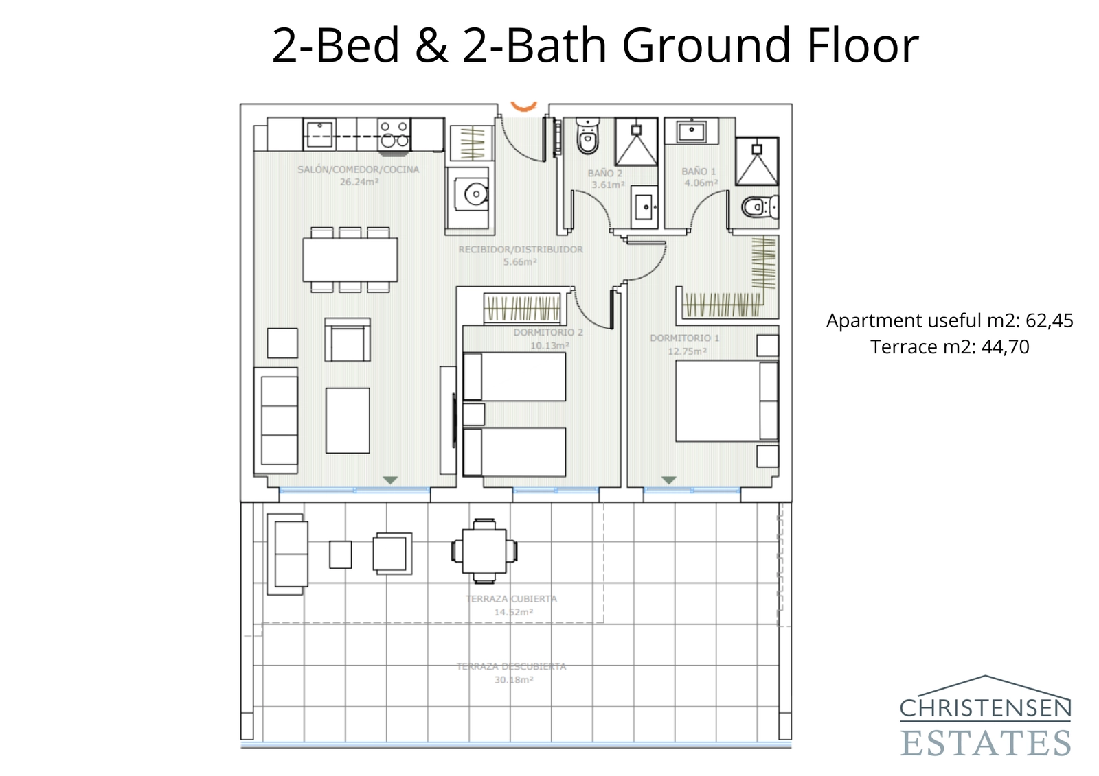 Layout for a two-bedroom ground floor home, featuring a spacious living area that opens onto a large covered and open terrace.