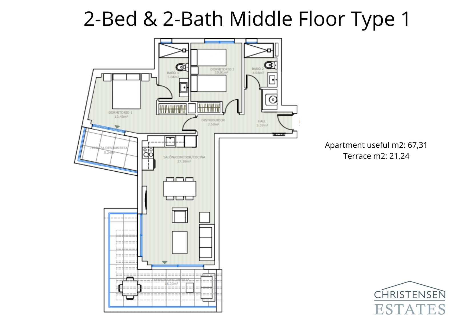 This two-bedroom middle floor plan showcases an efficient use of space with a generous terrace to enjoy the pleasant climate.