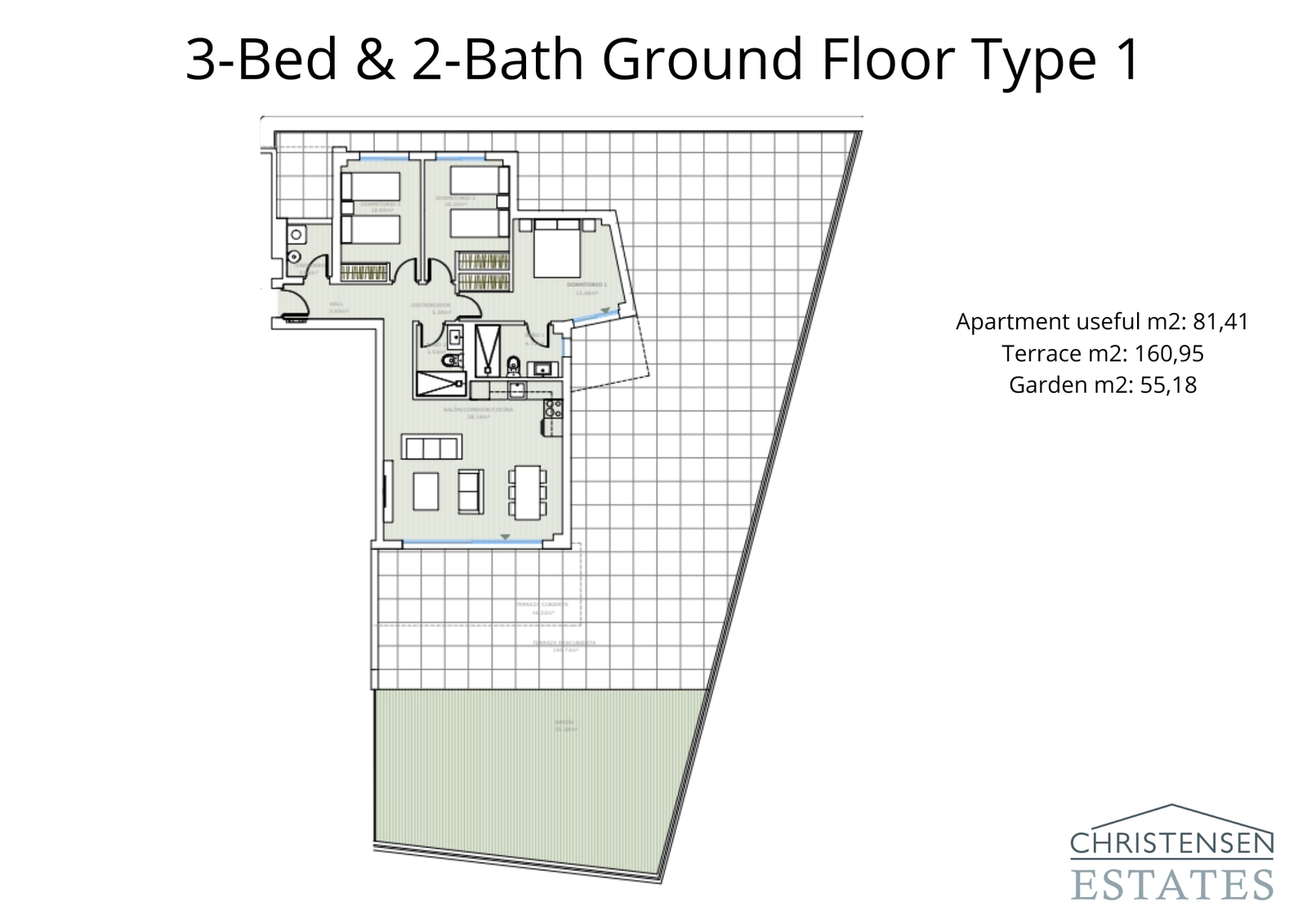 A spacious three-bedroom ground floor residence, complete with an expansive terrace and a private garden for ultimate outdoor living.