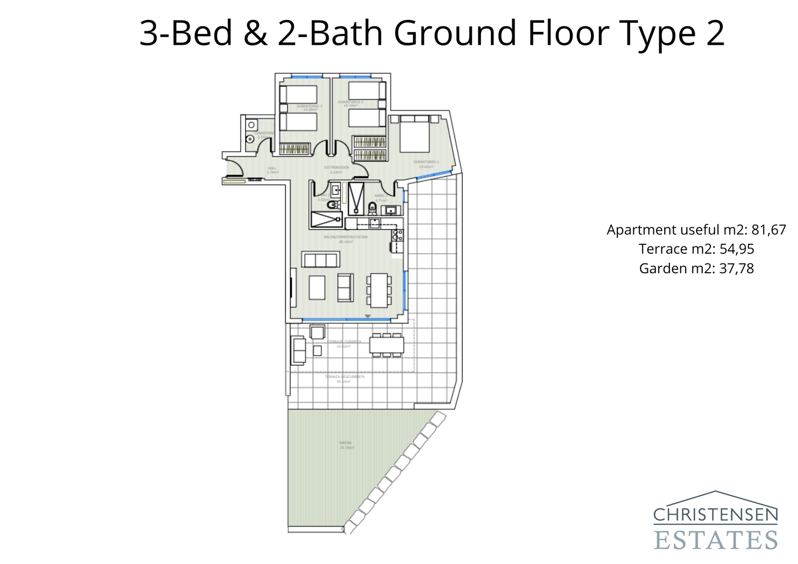 This three-bedroom ground floor plan provides ample interior space connected to a generous terrace and private garden area.