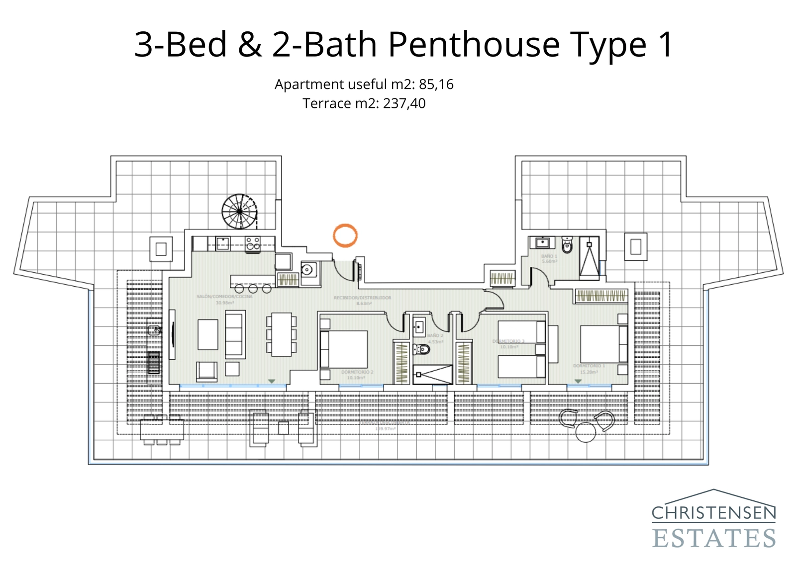 The floor plan for an exclusive three-bedroom penthouse, highlighting an exceptionally large wrap-around terrace for a premium lifestyle.