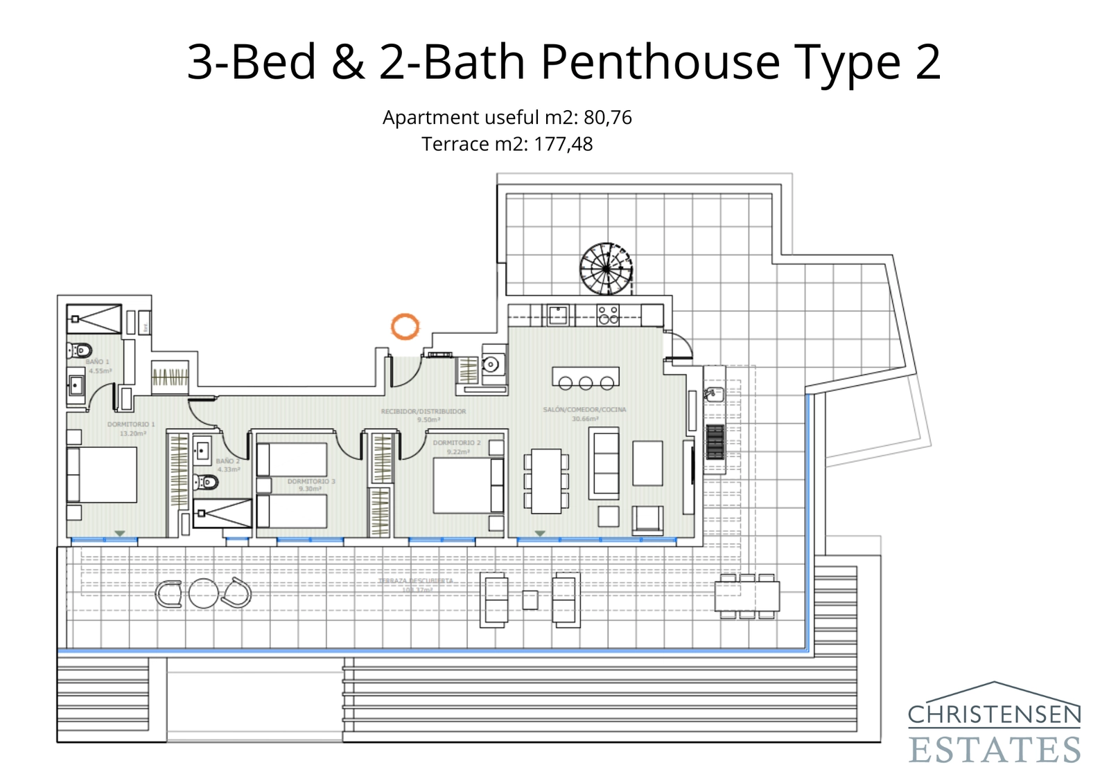 An impressive three-bedroom penthouse layout featuring a vast terrace, perfect for entertaining and enjoying panoramic views of the Costa del Sol.