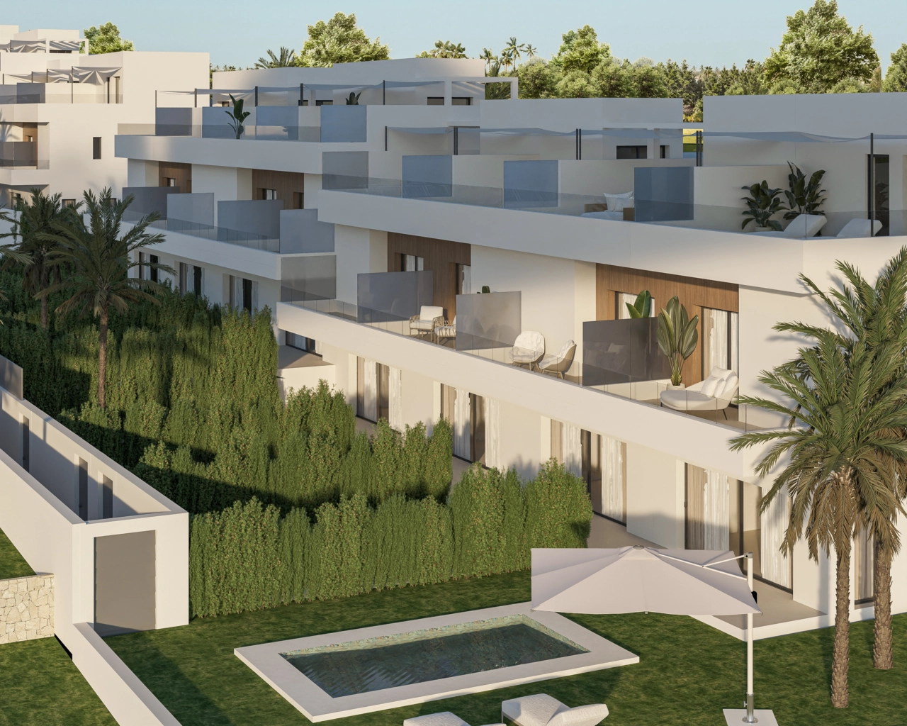 An aerial view of the development, showcasing the modern architecture and private gardens.