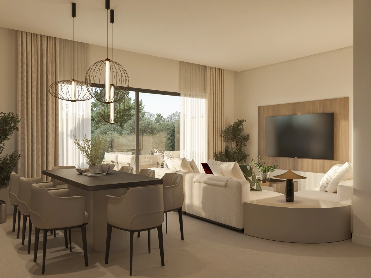 The open living and dining area, designed for comfort and style.