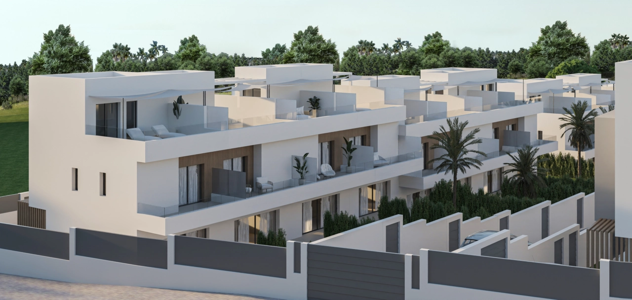 A view of the elegant exterior architecture and private terraces.