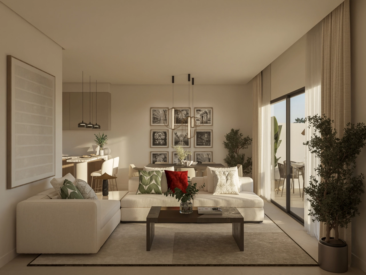 The bright, open-plan living area flows seamlessly to the outdoor terrace.
