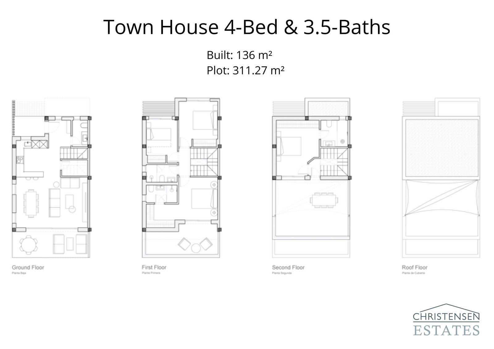 The layout for the four-bedroom semi-detached villa, offering 136 m² of built space for families seeking extra room and comfort.