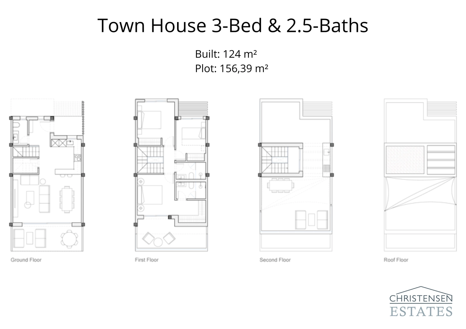 This three-bedroom townhouse floor plan shows a thoughtfully designed 124 m² home with an efficient use of space.