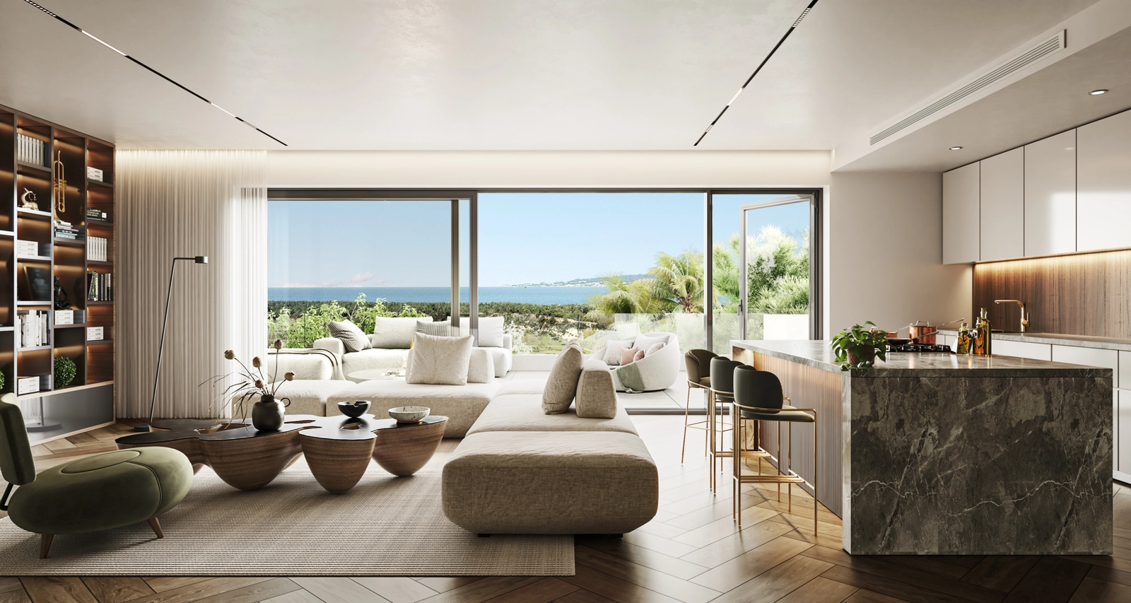 An aerial view showcasing the development's privileged location, nestled between green golf courses and the blue sea.