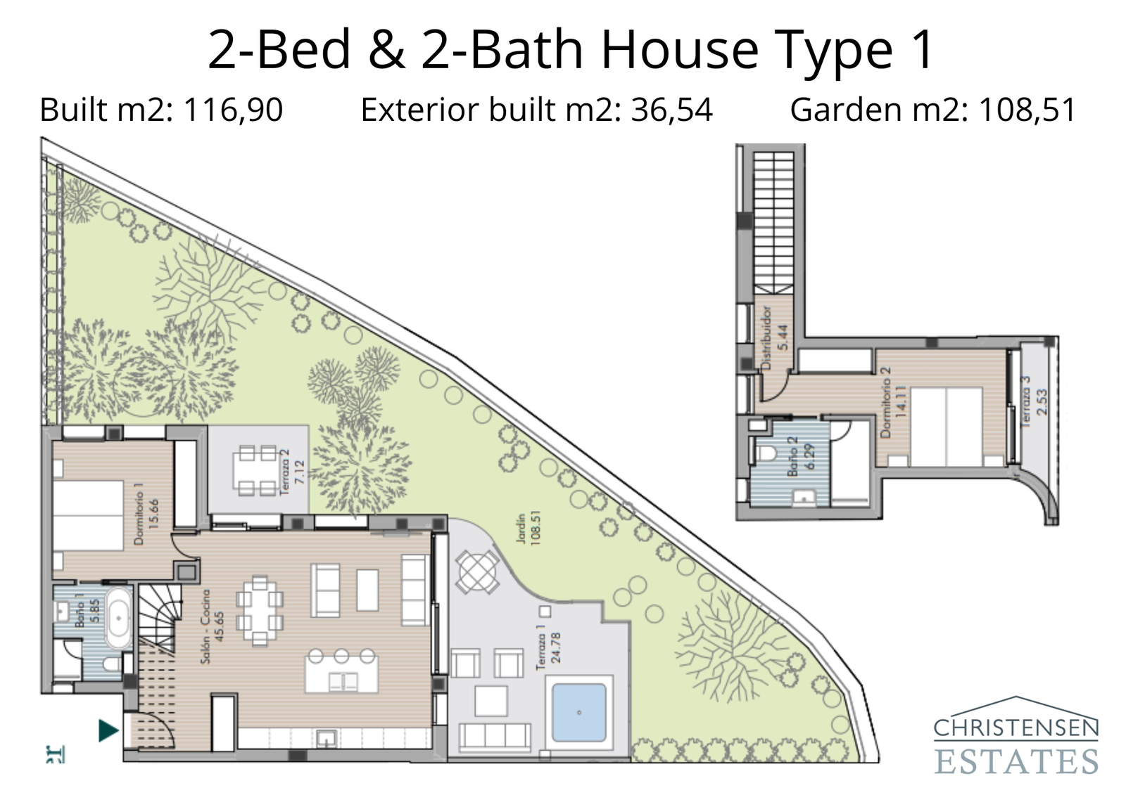 This two-bedroom ground floor layout connects a spacious interior with a generous private garden, ideal for an outdoor lifestyle.