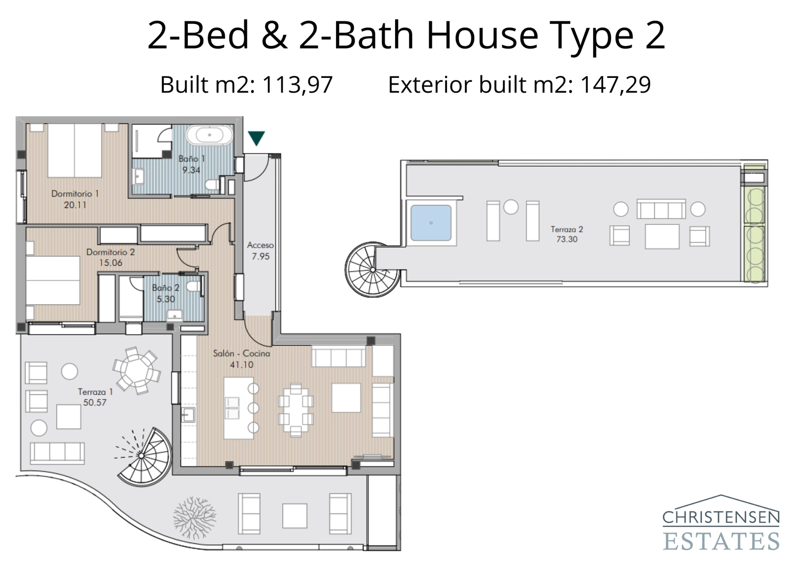 An intelligently designed two-bedroom apartment featuring an expansive terrace that extends the living space outwards.