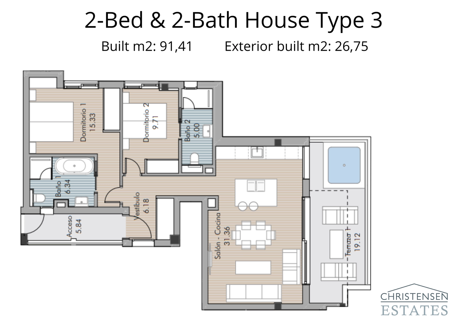 A well-proportioned two-bedroom floor plan offering comfort and functionality, complete with a private terrace.