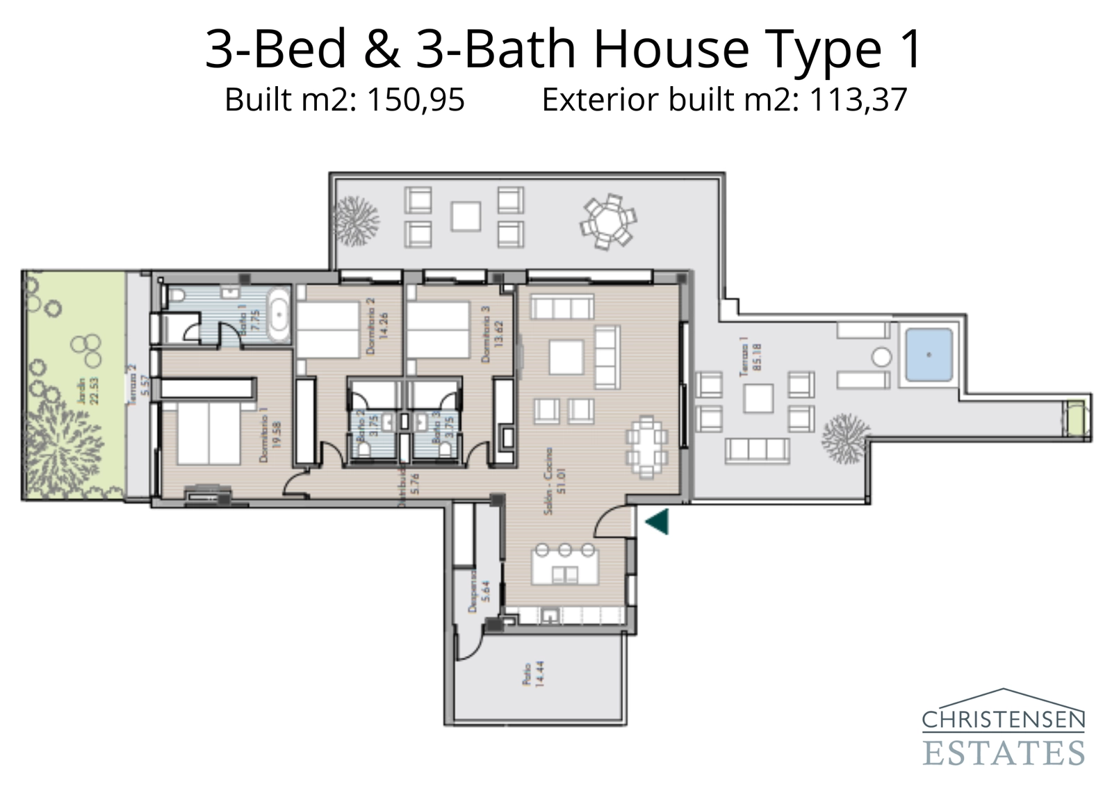 Explore the layout of this three-bedroom home, designed for family living with ample space and seamless connection to the outdoors.