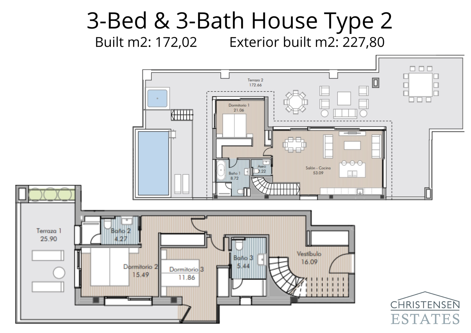 This duplex penthouse floor plan reveals a magnificent three-bedroom residence with a vast rooftop terrace and private pool.