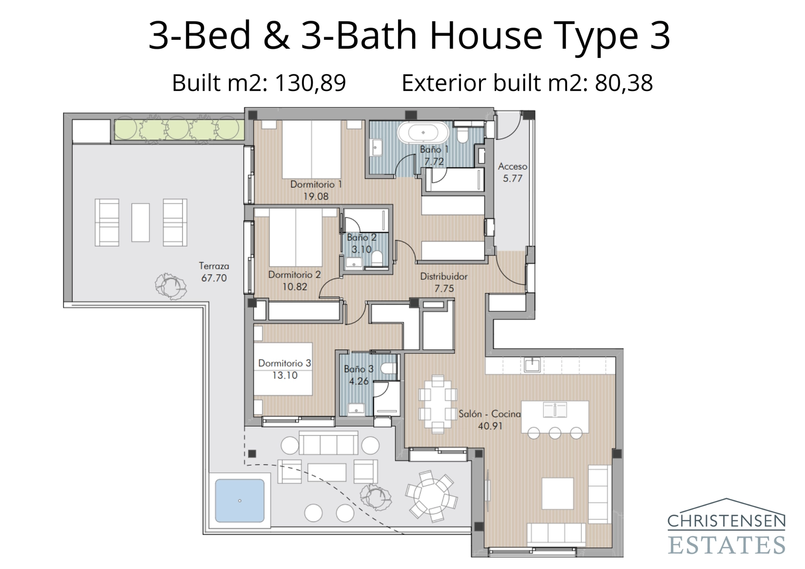A spacious three-bedroom apartment layout, showcasing generous living areas and a large terrace for enjoying the climate.