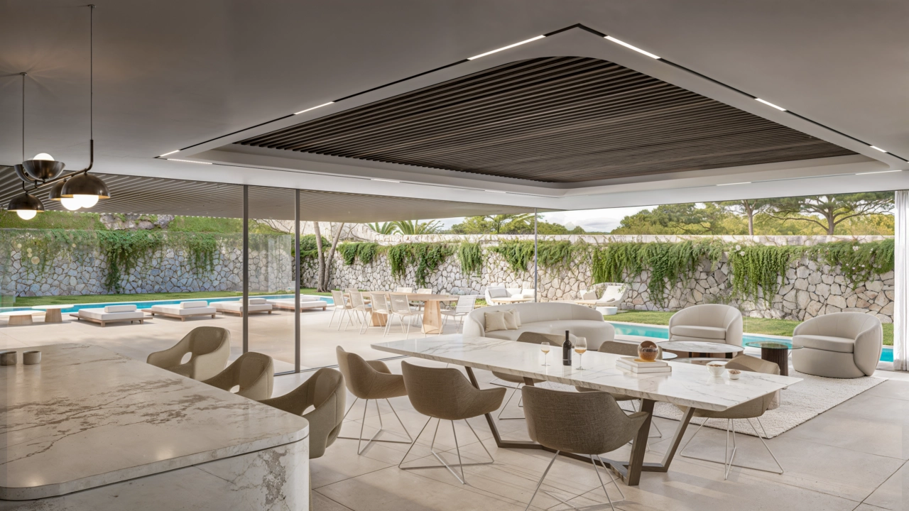 The seamless flow between the elegant interior and the outdoor pool area creates a perfect space for entertaining and relaxation.