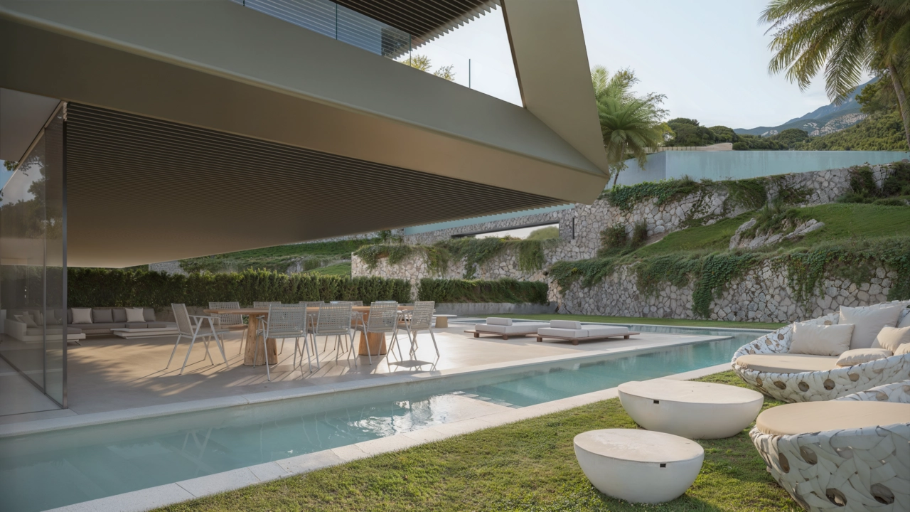 Ground-floor apartments open onto beautiful private gardens and personal swimming pools, perfect for families and outdoor living.