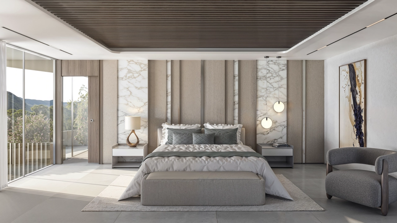 The master bedroom is a serene retreat, with elegant design details and direct access to a private terrace.