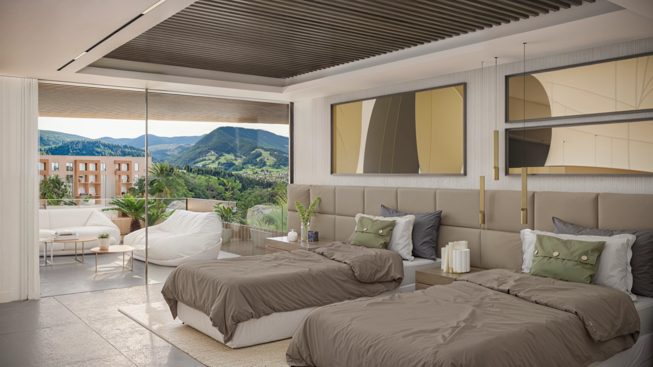 Guest bedrooms are generously sized and feature large windows that welcome in the beautiful landscape and natural light.