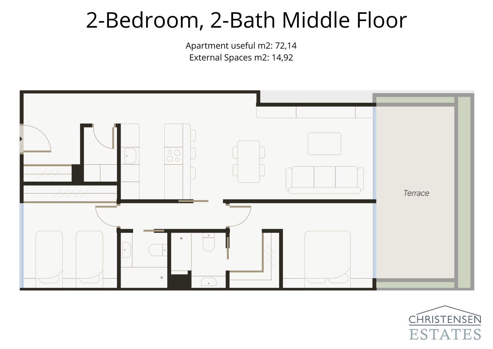 This two-bedroom layout shows a well-defined living area that opens onto a private terrace, offering a comfortable and efficient use of space.