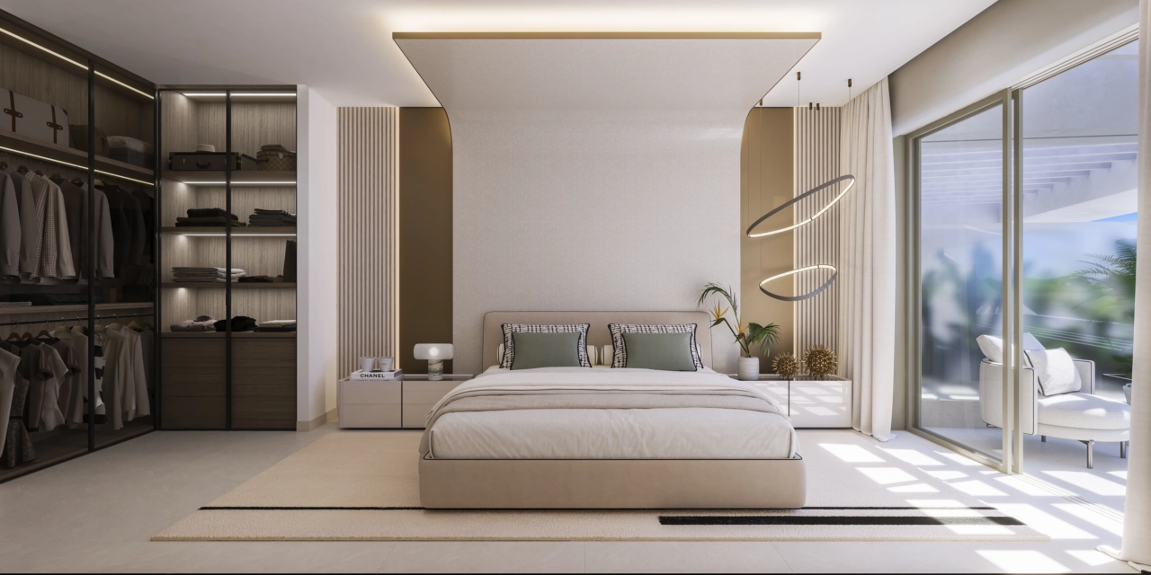 The master suite is a private sanctuary, complete with a walk-in wardrobe and direct terrace access.