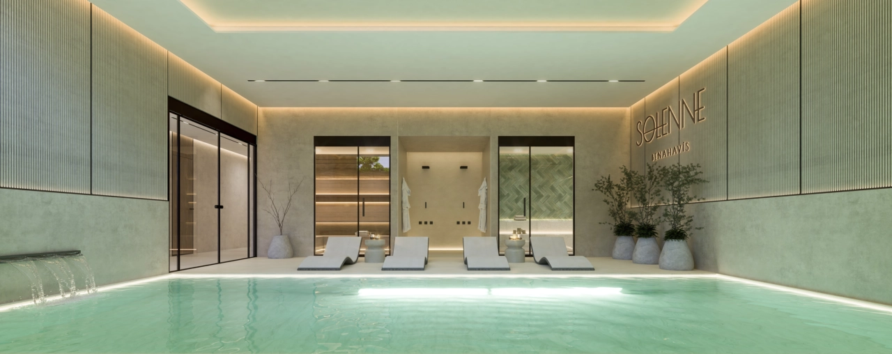 The residents' wellness area includes a heated indoor pool, sauna, and Turkish bath.