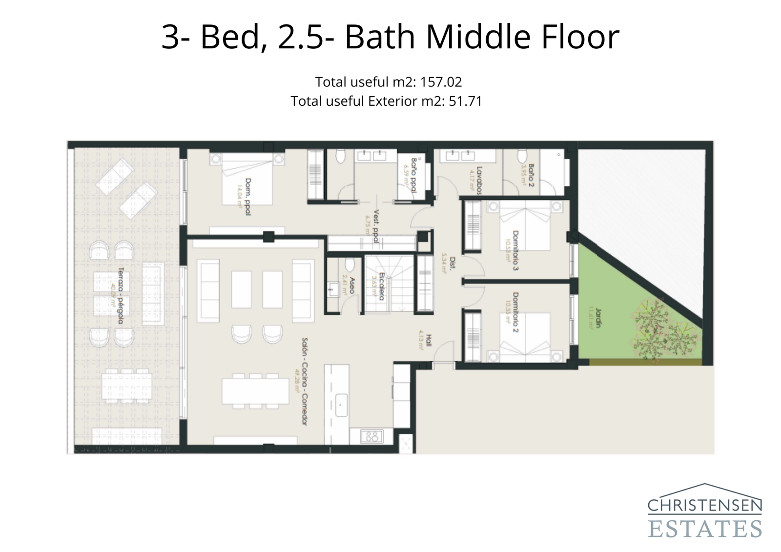 Spacious three-bedroom layout with a large, covered terrace extending the living space outwards. Ideal for family living.