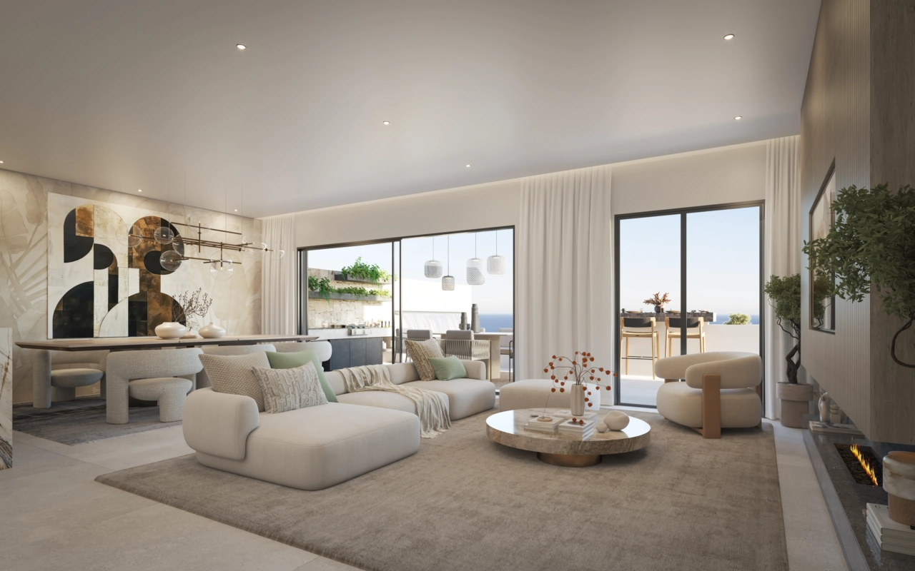 The bright, open-plan living area connects seamlessly with the expansive outdoor space.