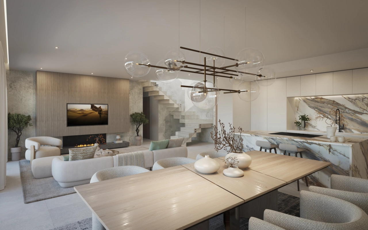 An elegant, open-concept design connects the dining area and kitchen, perfect for modern living.
