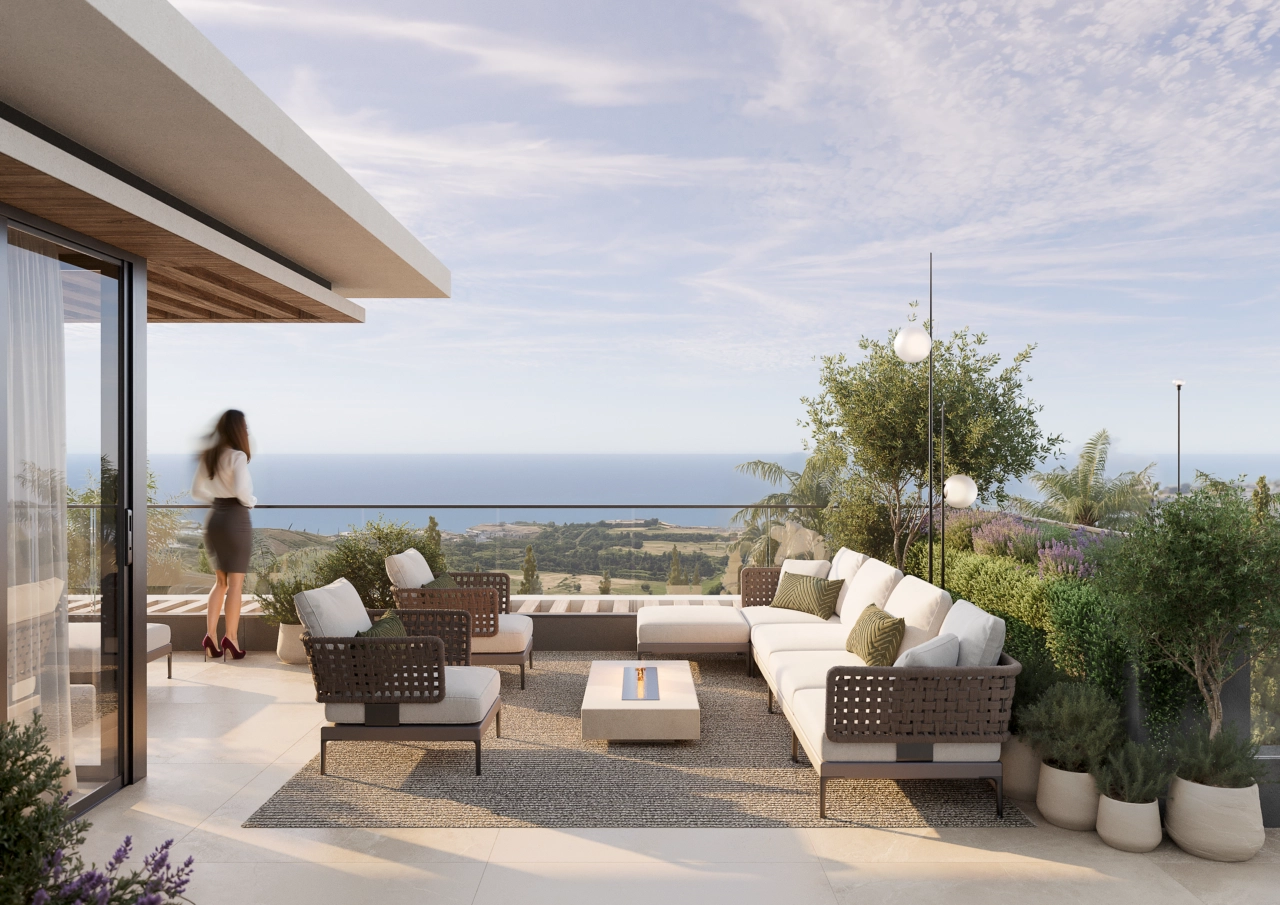 An expansive terrace designed for enjoying breathtaking Mediterranean sea views.