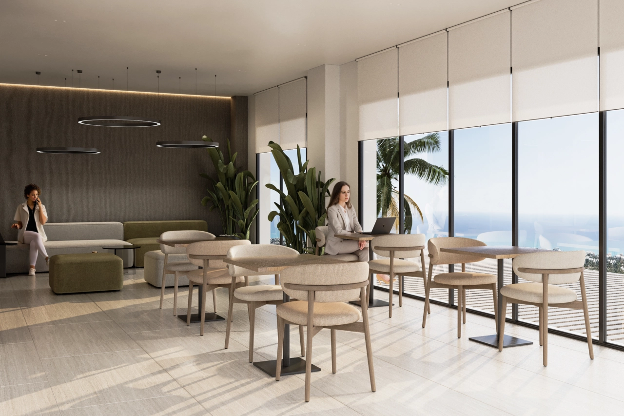 A modern co-working space for residents to work or hold meetings in a professional setting.