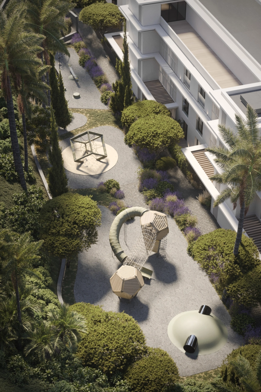 Safe and imaginative children's play areas are thoughtfully integrated into the landscape.