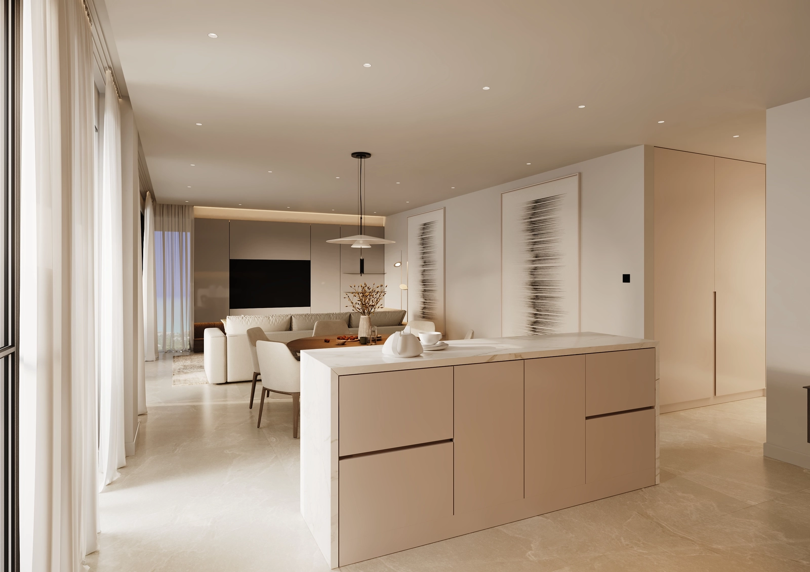 A modern kitchen integrates perfectly with the living and dining areas for effortless entertaining.