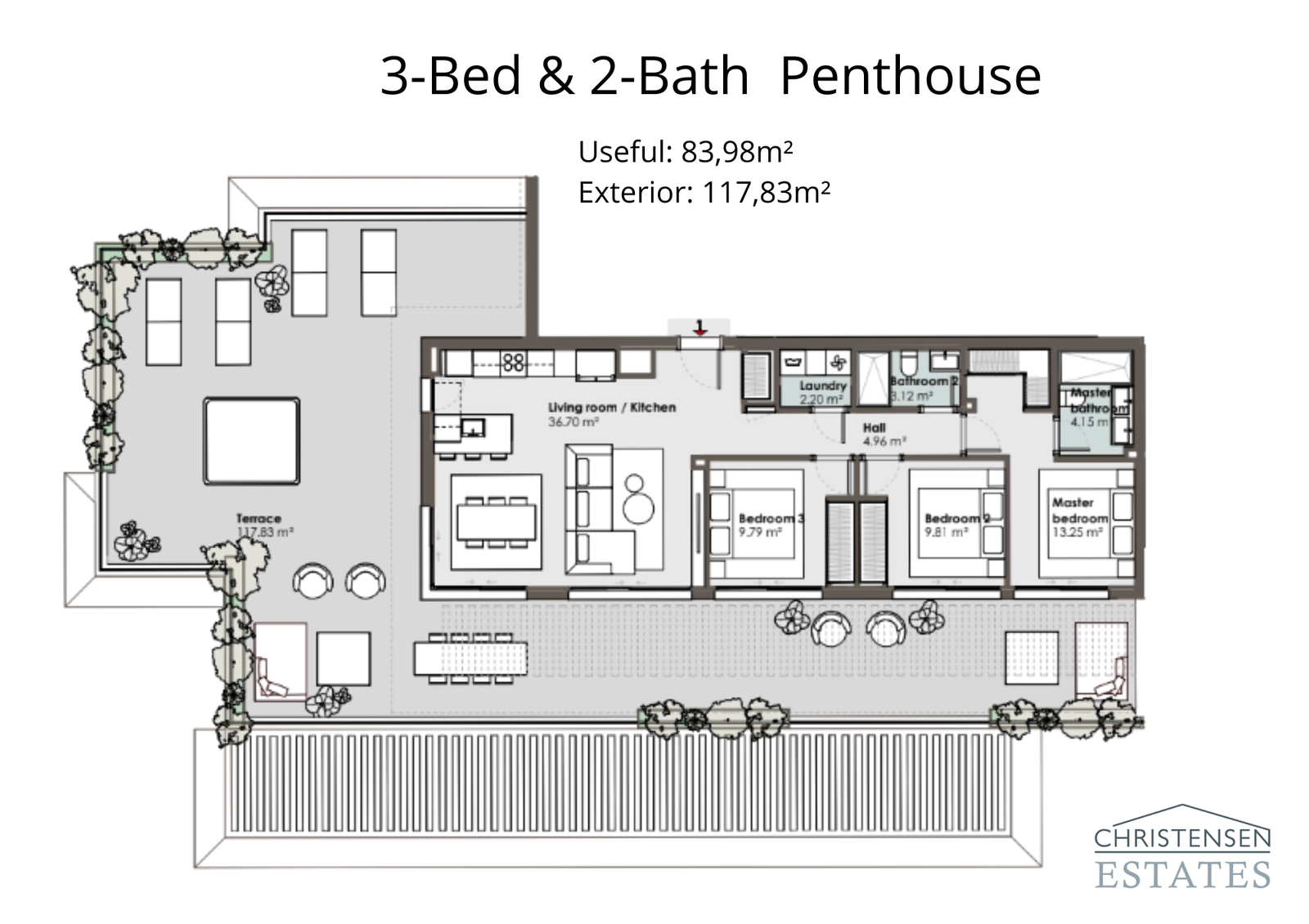 This three-bedroom penthouse layout shows an expansive terrace perfect for outdoor living, seamlessly connected to the bright living area.