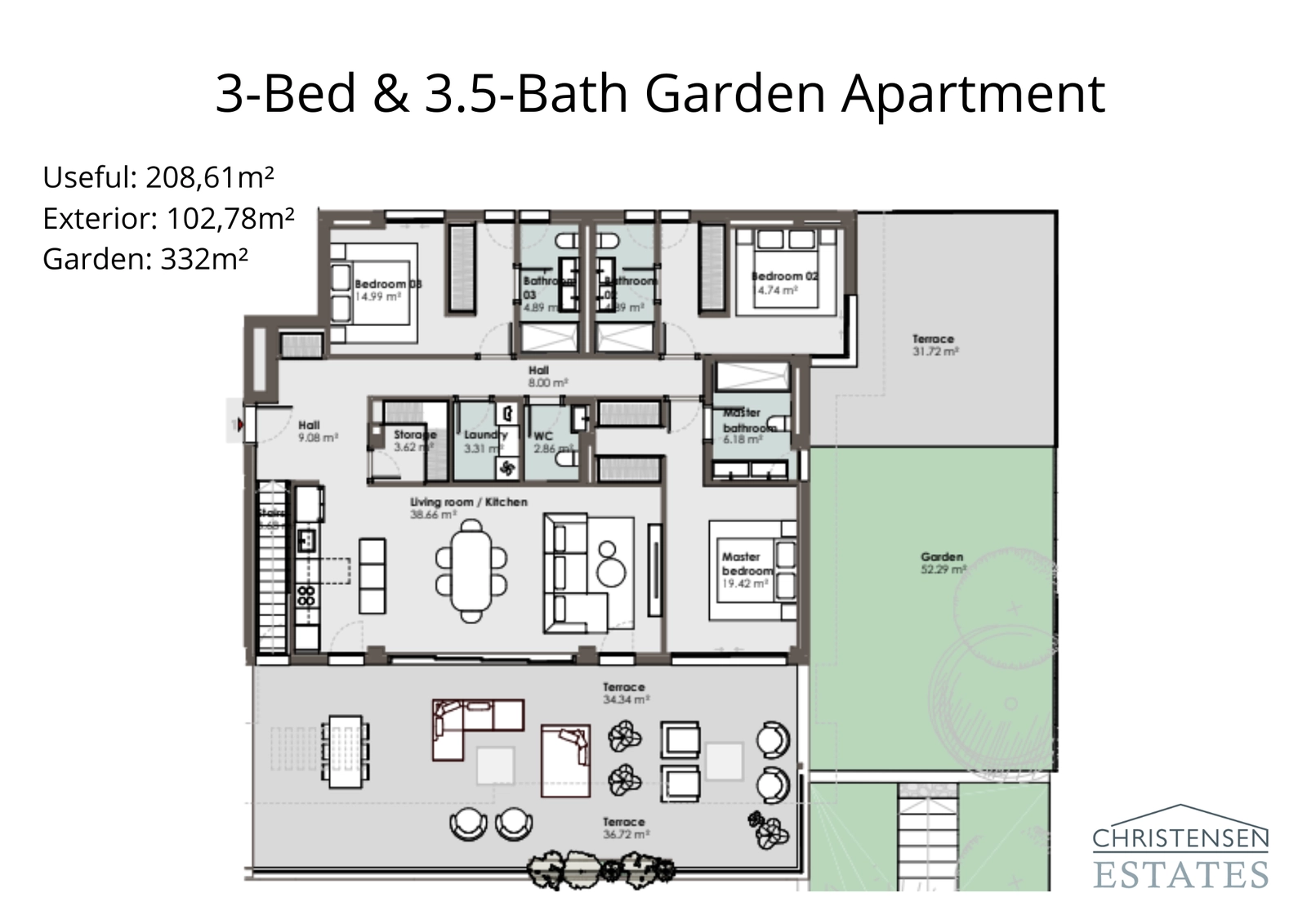 A spacious three-bedroom ground-floor layout featuring generous terraces and a large private garden, creating a true villa feeling.