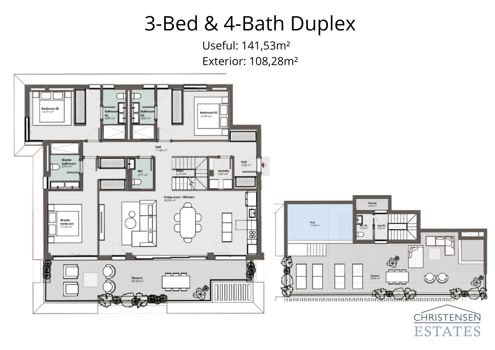 This duplex floor plan highlights a multi-level design with private bedrooms and a stunning rooftop terrace with a pool.