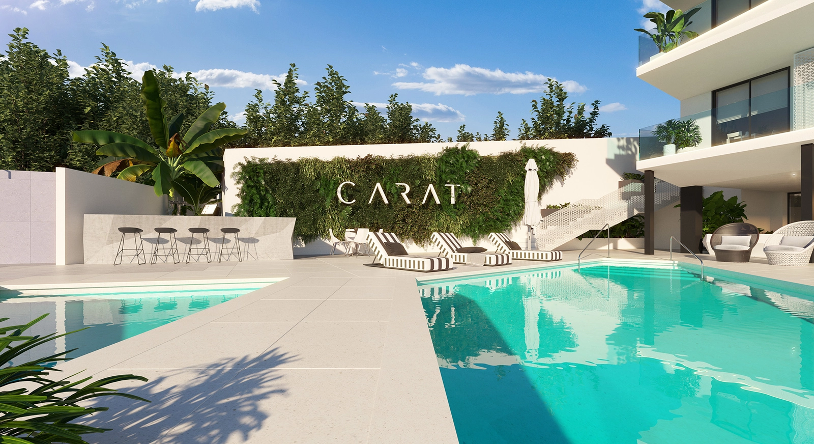 The communal swimming pool and lounge area offer a perfect retreat for sunny afternoons.