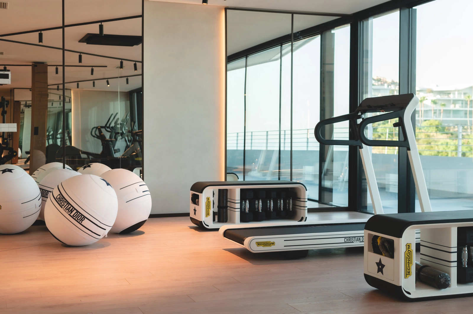 The luxury gym features exclusive Technogym and Christian Dior equipment for a superior workout experience.