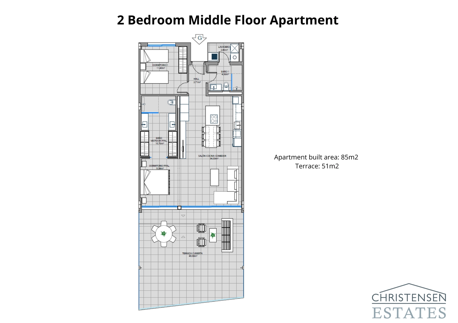 Floor plan for a two-bedroom apartment, featuring an open-plan living area and a large terrace to maximize views and natural light.