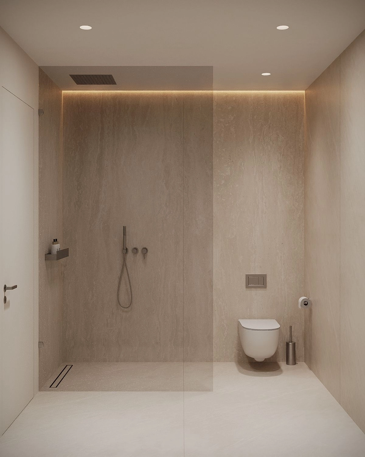 A pristine bathroom complete with a walk-in shower and minimalist, high-quality fixtures.