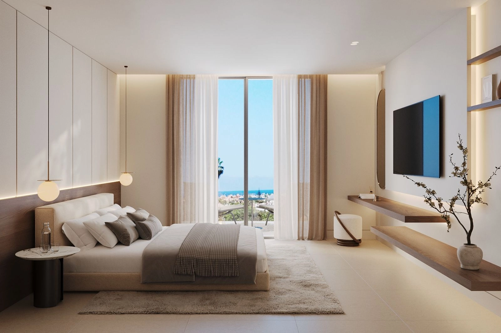 The master suite offers a peaceful retreat with large windows framing beautiful sea views.
