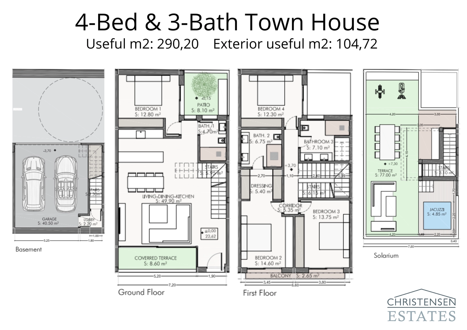 The four-bedroom floor plan provides generous living space, with a ground-floor bedroom perfect for guests and three additional bedrooms on the first floor for family comfort.