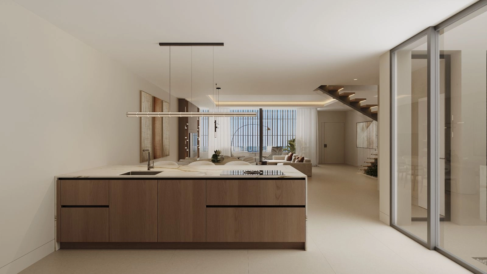 A stylish kitchen that flows into the living area, featuring a contemporary island and premium finishes.