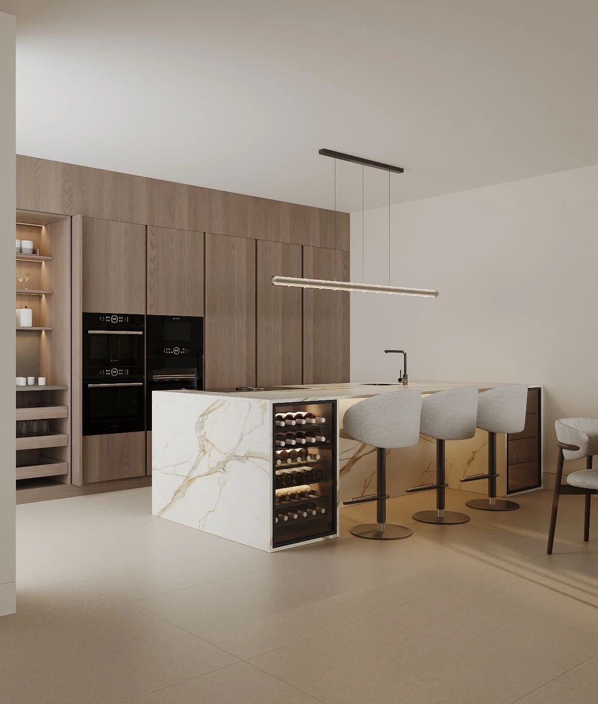 The gourmet kitchen is equipped with high-end appliances and a beautiful marble island with a wine cooler.