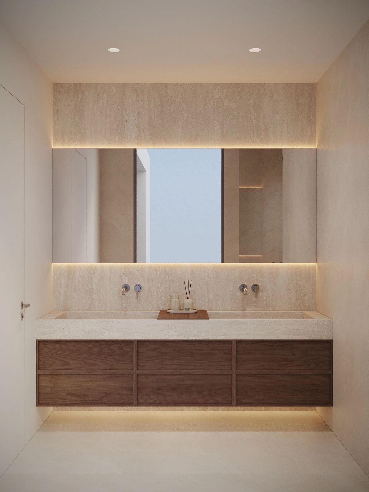 Elegant master bathroom featuring a modern double vanity and premium natural materials.